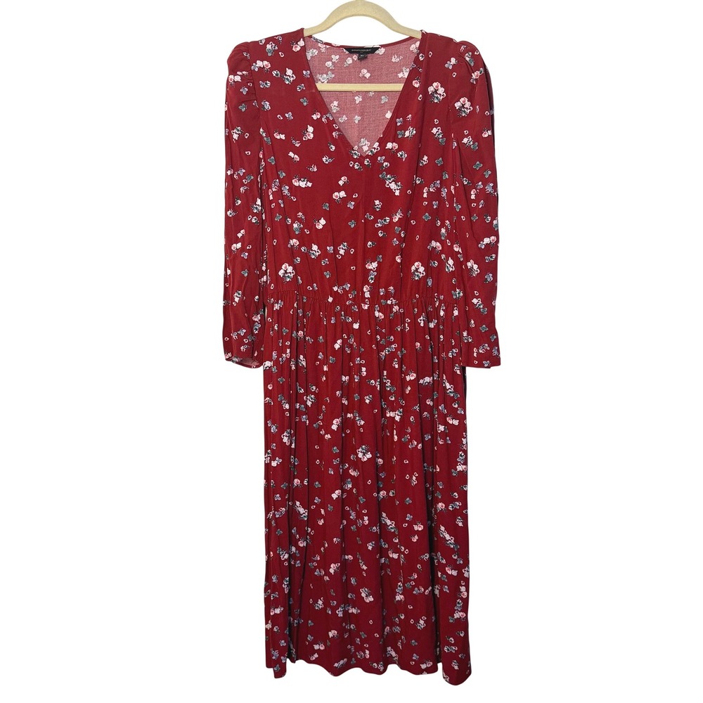 Women's Banana Republic Red Floral Long Sleeve Midi Dress V Neck Boho Size XL